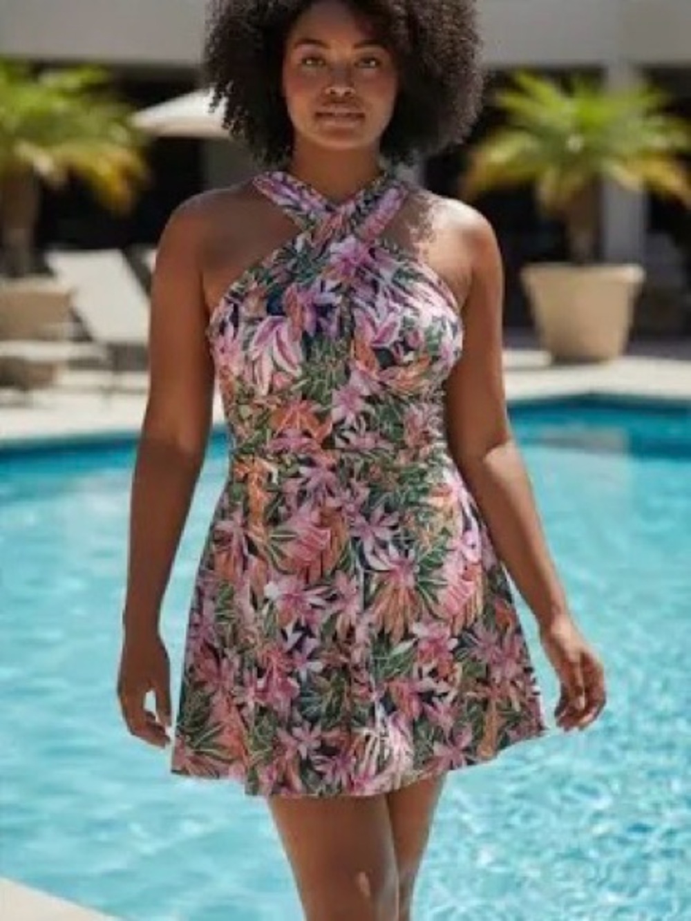 Tropical Floral Cross-Back Swimdress in Pink, Orange & Green